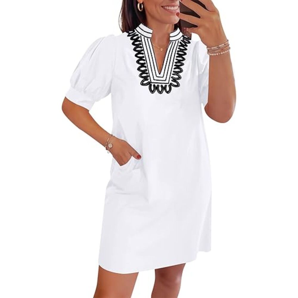 Women's White V Neck A Line Short Sleeve A Line Embroidered Boho Short Dress